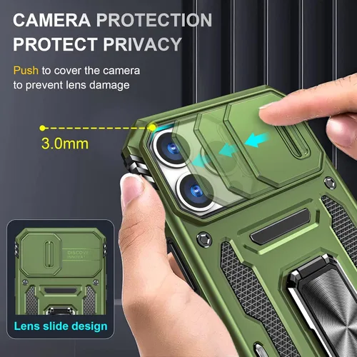 Vista 4 de Funda diseñada para iPhone 13 Pro Max con soporte y funda para cámara, funda protectora contra caídas de grado militar integrado con soporte