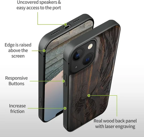 Vista 3 de Carveit Funda magnética de madera para iPhone 13 [madera natural y TPU suave] Funda protectora de madera única y elegante a prueba de golpes