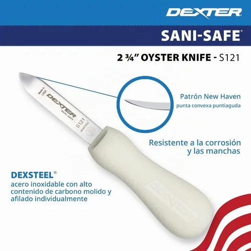Vista 3 de Dexter-Russell - Cuchillo para ostras estilo New Haven de 2.75 pulgadas de la serie Sani-Safe Classic New Haven pattern blade with bent tip that