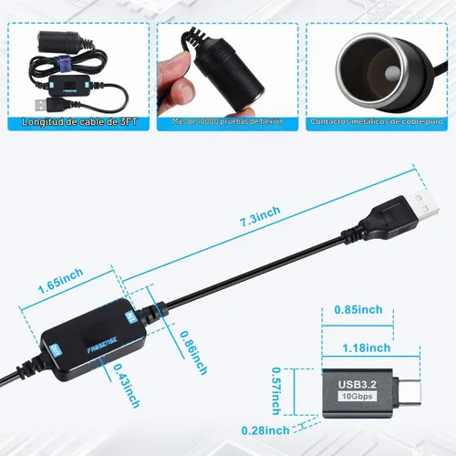 Vista 5 de FARSENSE Adaptador USB A a enchufe de cigarrillos de 12V - Cable convertidor de enchufe de encendedor de cigarrillos de coche de 5V DC USB C a 12V