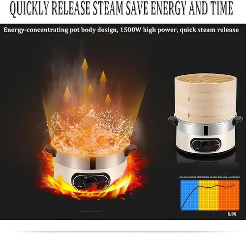 Vista 6 de Vaporizador eléctrico de alimentos para cocinar verduras con vaporizador de bambú de 2 niveles con temporizador de 60 minutos, apagado automático