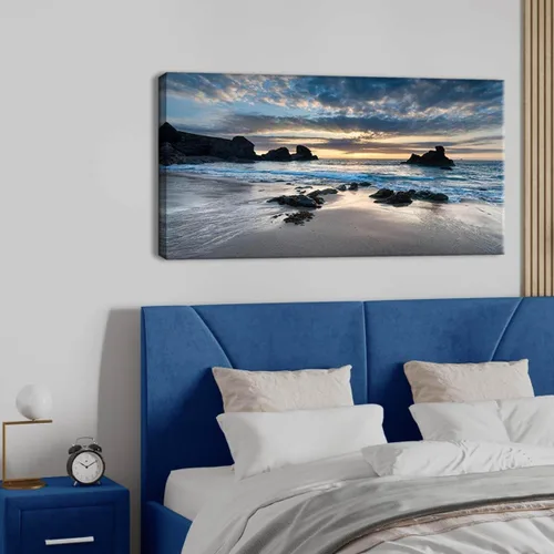 Vista 4 de Decoración de pared para sala de estar, lienzo impreso en lienzo con diseño de amanecer por la mañana en la playa, cuadro de paisaje azul