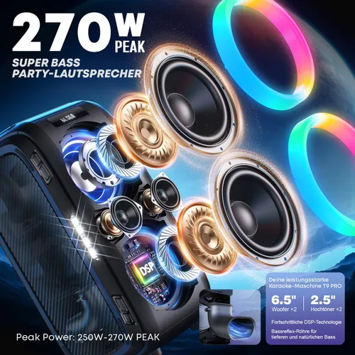 Vista 3 de W-KING 270W PEAK Altavoz de Fiesta Grande Bluetooth Más Fuerte/12 Graves Personalizados/Subwoofer Masivo de 125dB 6.5''x2 con Graves Profundos, Gran