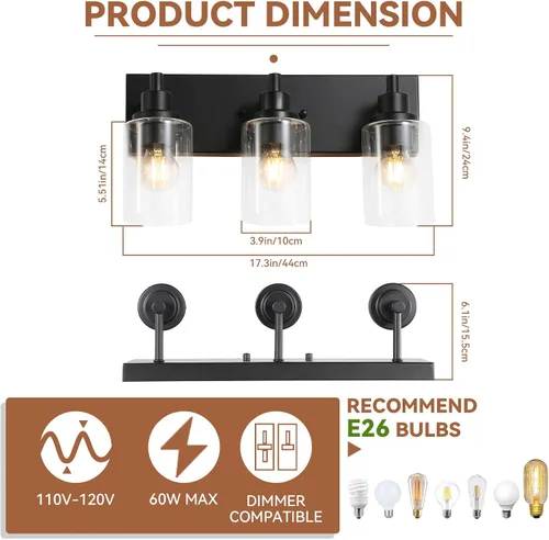 Vista 4 de LOUSACE Lámpara de tocador de baño de 3 luces, lámparas de baño negro mate sobre el espejo, iluminación moderna de baño con pantalla de vidrio