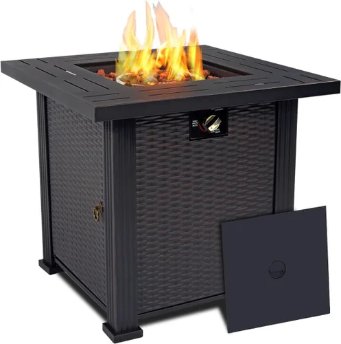 Vista 9 de Mesa para fogata de propano de 28 pulgadas, mesa de fuego de 50,000 BTU con tapa de acero, patas grandes, rocas de lava, pozo de fuego seguro