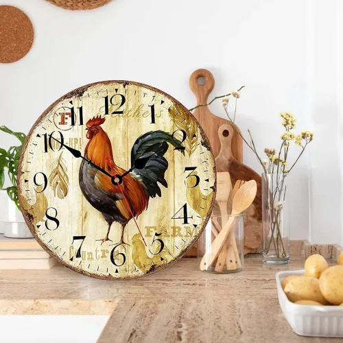 Vista 4 de Reloj de pared de cocina de 10 pulgadas, estilo rústico, silencioso, sin tictac, de cuarzo, funciona con pilas, reloj de pared redondo