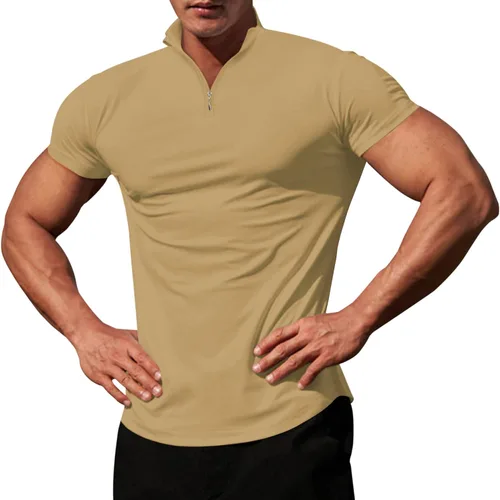 Vista 2 de LOGEEYAR Camisa polo de manga corta con cuello en V y cremallera para hombre, corte ajustado, camiseta atlética Henley