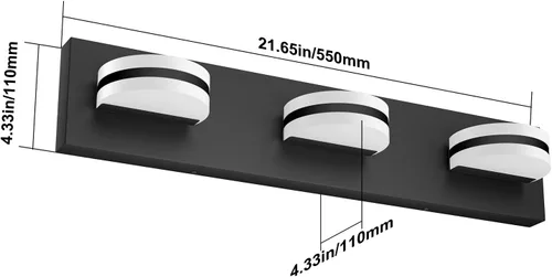 Vista 7 de Aipsun Lámpara de tocador negra moderna regulable, luz LED acrílica, 3 luces de pared de baño (luz blanca, 6000 K)