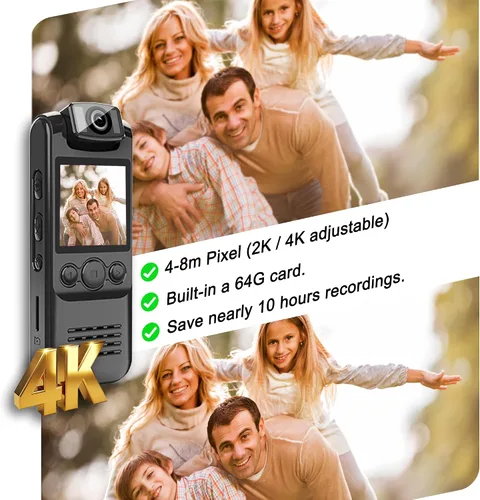 Vista 7 de Cámara corporal 4K con grabación de audio y video, mini cámara portátil de 64 GB con cordón magnético, cámara desgastada por el cuerpo para viajes