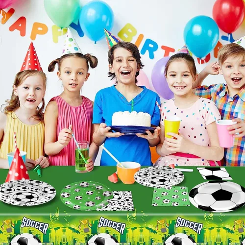 Vista 7 de 120 piezas de decoración de fiesta de fútbol, suministros de fiesta de cumpleaños de fútbol, juego de vajilla desechable con estampado de fútbol