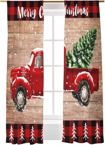 Vista 37 de Cortinas traslúcidas para camión rojo de Navidad de 45 pulgadas de largo, juego de 2 paneles de tablero de madera retro rústico con cuadros