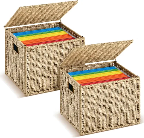 Vista 7 de Jingmore Paquete de 1 organizador de archivos de cuerda de papel, archivador plegable tamaño carta con tapa, cesta de archivos colgante tejida, caja