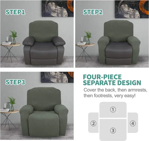 Vista 7 de YEMYHOM Funda elástica de 4 piezas para silla reclinable de jacquard con bolsillo lateral, antideslizante, ajustable, protector de muebles con parte