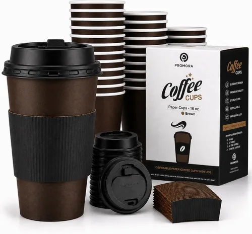 Vista 10 de Promora Tazas de café desechables marrones de 8 onzas con tapas y mangas, fundas desechables para tazas de café caliente, tazas de papel de café