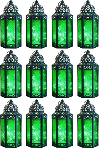 Vista 50 de VELA LANTERNS Juego de 2 portavelas decorativos de LED con luces de hadas de 12" de metal marroquí para colgar o mesa, decoración del hogar