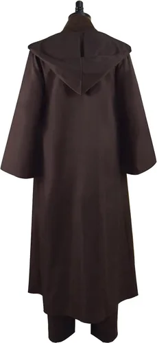 Vista 4 de Disfraz para hombre, uniforme completo, color marrón, bata, capucha y túnica para Halloween