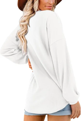 Vista 4 de Beluring Camisas de mujer con cuello en V, manga corta, sueltas, de punto gofre, con botones