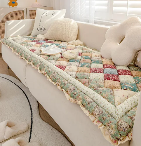 Vista 4 de Funda de sofá de retazos a cuadros estilo bohemio, con estampado floral, protector de muebles con volantes, acolchado de algodón, antideslizante