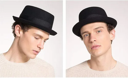 Vista 8 de F FADVES Sombrero de pastel de cerdo 100 fieltro de lana para hombre sombrero de cerdo que rompe malo parte superior plana para hombre Fedora Negro