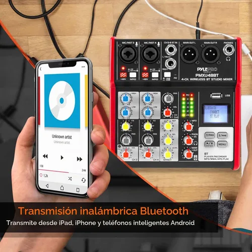 Vista 6 de Mezclador de sonido de audio de estudio Pyle - Consola de mezcla digital portátil profesional compatible con Bluetooth de 4 canales con interfaz USB