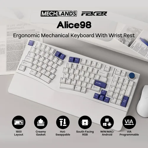 Vista 2 de MechLands Feker Alice98 Teclado mecánico ergonómico personalizado de 98 teclas, VIA programable, teclado para juegos con cable USB-C, intercambiable