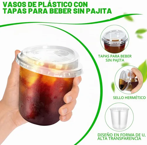 Vista 3 de 50 piezas de vasos de plástico para café con tapas con asa, vasos desechables de plástico PET transparente con tapas sin pajita para café helado