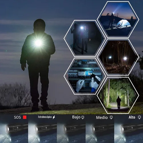 Vista 6 de Whaply Linternas LED, paquete de 2 linternas tácticas, luces de alto lúmenes con 6 pilas AAA, portátil, impermeable, con zoom con 5 modos