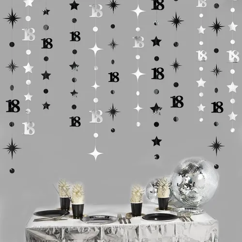 Vista 9 de Decoración de cumpleaños número 18 en negro, número 18 con punto circular, guirnalda de estrellas centelleantes, banderines de serpentina metálica