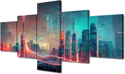 Vista 258 de Cuadros de 5 paneles de Cyberpunk City, arte de pared, representación de vallas publicitarias, edificios modernos en la capital con obras de arte