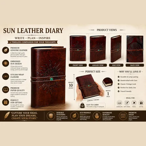 Vista 5 de Diario de Cuero Rellenable Papel Rayado SOL Árbol de la Vida Diario de Cuero Hecho a Mano Cuaderno Diario/Encuadernado Bloc Diario para Hombres