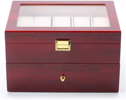 Vista 3 de Caja de almacenamiento para relojes de madera con 20 ranuras y tapa de cristal para joyas, con 20 cojines extraíbles y suaves para hombres y mujeres