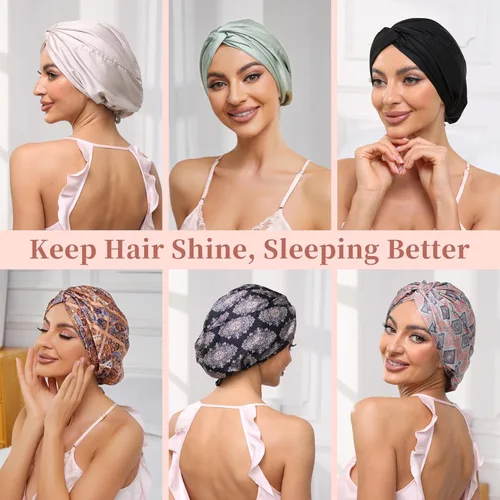 Vista 42 de Gorro de satén de seda ajustable para envolver el cabello para dormir, gorro de dormir de doble capa, turbante nocturno para cabello largo y rizado