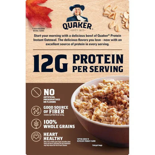 Vista 3 de Quaker Avena instantánea, proteína de azúcar morena de arce, 0.35 onzas de proteína, 12.6 onzas, paquete de 6