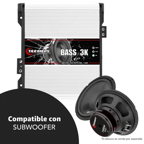 Vista 7 de Taramps BASS 3k 1 Ohm 1 canal Mosfet amplificador 3000 vatios RMS, monobloque, filtro subsónico, cruce de paso bajo, refuerzo de graves, RCA, clase