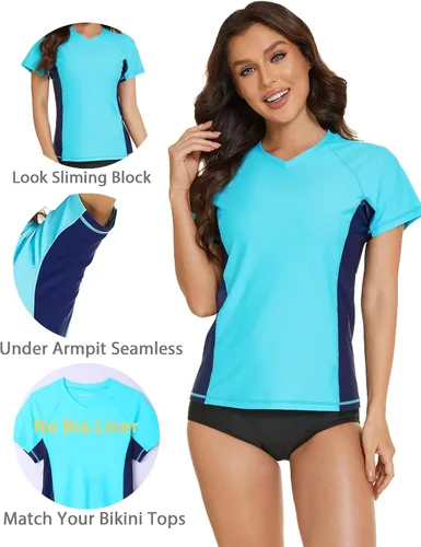 Vista 4 de Tournesol Women's Rash Guard Short Sleeve Swimsuit Swim Shirt UV Swimwear Tee Bathing Suit Tops only v Neck UPF50+