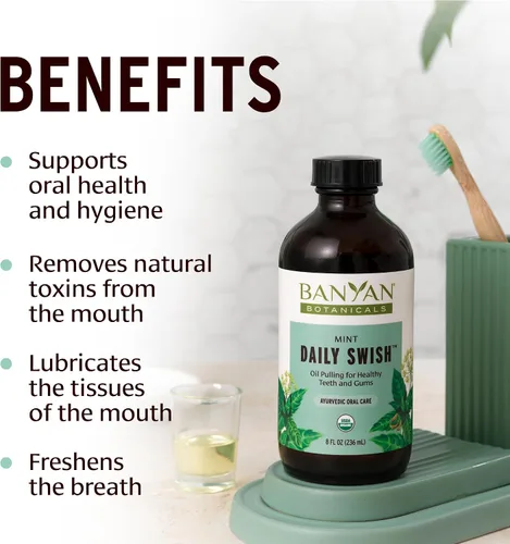 Vista 3 de Banyan Botanicals Paquetes de viaje orgánicos diarios de menta Swish – 12 unidades – Aceite ayurvédico para enjuague bucal para la salud bucal