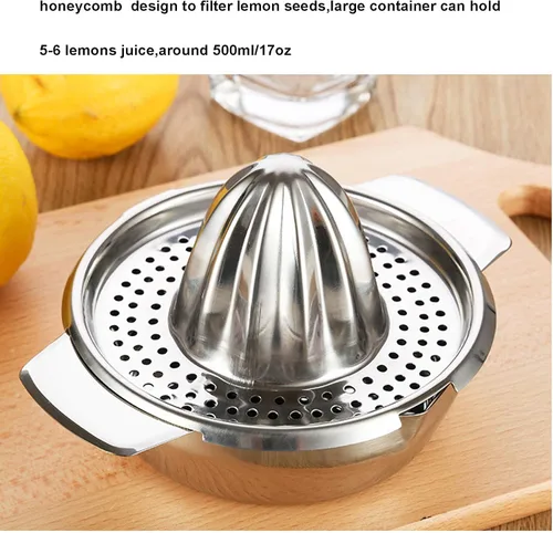 Vista 2 de Exprimidor de limón de acero inoxidable Exprimidor de cítricos Prensa de mano Herramienta de exprimir jugo de naranja con recipiente