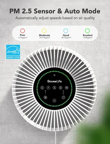 Vista 3 de GoveeLife Purificador de aire inteligente para el hogar, habitación grande de hasta 1524 pies cuadrados, con filtro lavable, sensor de calidad