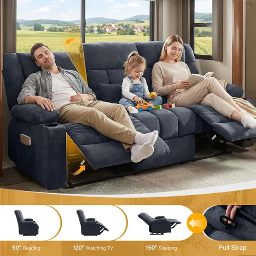 Vista 3 de BOSMILLER Sofá reclinable con portavasos para sala de estar, sofá manual de 3 asientos, reclinable con bolsillo lateral