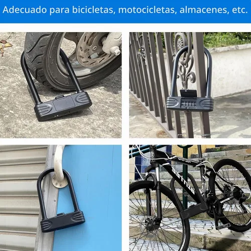 Vista 3 de Cerradura en U para bicicleta resistente, cerradura de bicicleta con contraseña de combinación de 4 dígitos con grillete de bloqueo en U