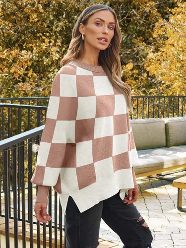 Vista 236 de Lillusory - Suéter extragrande con mangas de murciélago y cuello redondo para mujer, prenda moderna de otoño de tejido de punto sin botones