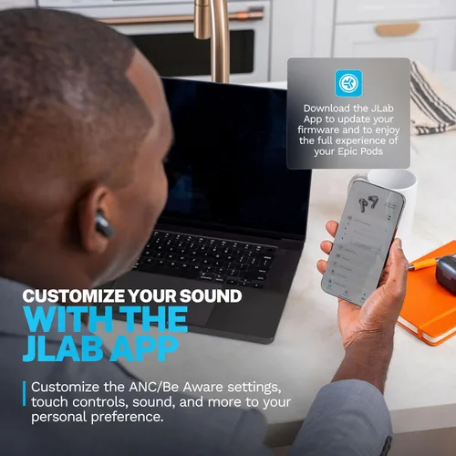 Vista 5 de JLab Epic Pods ANC, auriculares inalámbricos verdaderos, cancelación activa de ruido, Bluetooth, color negro
