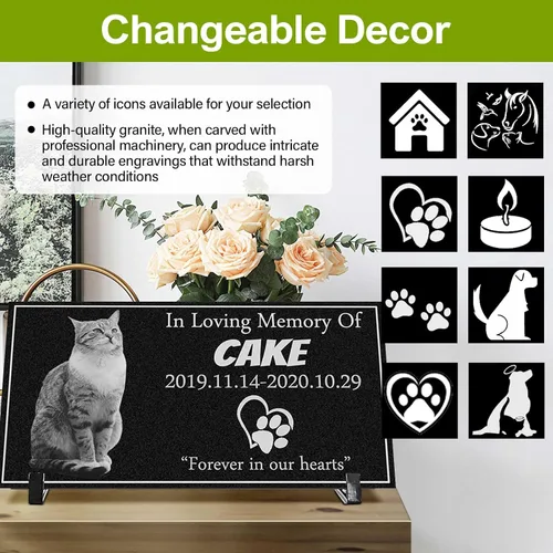Vista 3 de Marcador personalizado para tumbas para mascotas con foto, piedra conmemorativa de gatos, lápida de granito negro personalizada grabada con láser