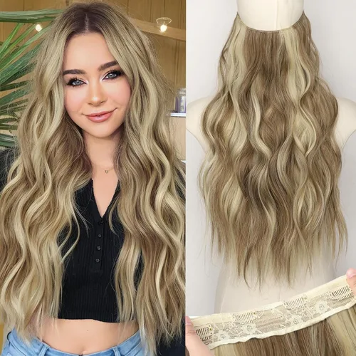 Vista 25 de KooKaStyle - Extensiones de cabello con hilo invisible, diadema transparente, ajustables, 4 clips fijadores, cabello largo y ondulado de 12