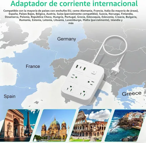 Vista 3 de Adaptador de enchufe de viaje europeo, regleta europea con 4 salidas de CA, 1 USB C y 2 puertos USB, adaptador de enchufe de Europa a EE. UU. Tipo C