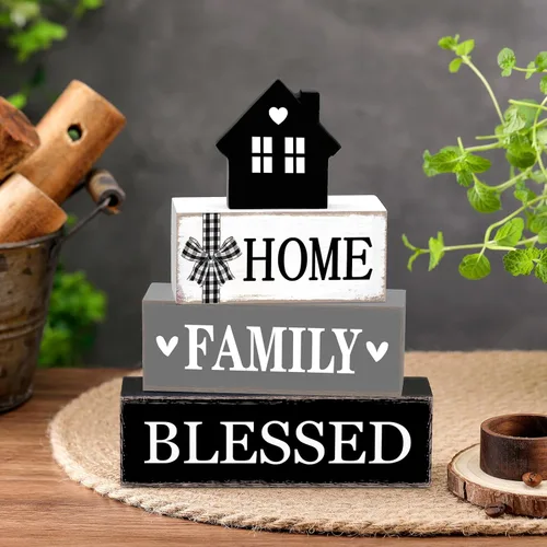 Vista 5 de Cinnvoice Decoración rústica de mesa de granja, letreros de bendición para decoración del hogar, letrero de madera neutral para la familia, centro