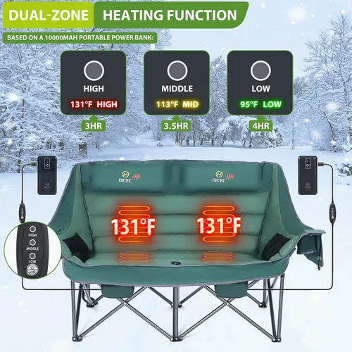 Vista 4 de Nice C Silla de camping climatizada con batería, sofá doble calefactado para campamento, sofá biplaza acolchado grueso de gran tamaño, banco