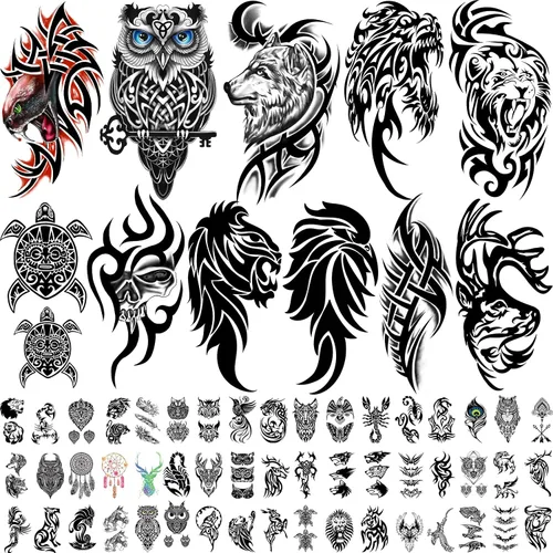 Vista 9 de 77 hojas de tatuajes temporales para mujeres y hombres, 17 hojas de tatuajes falsos de medio brazo de flores de playa, calaveras, atardeceres, 60