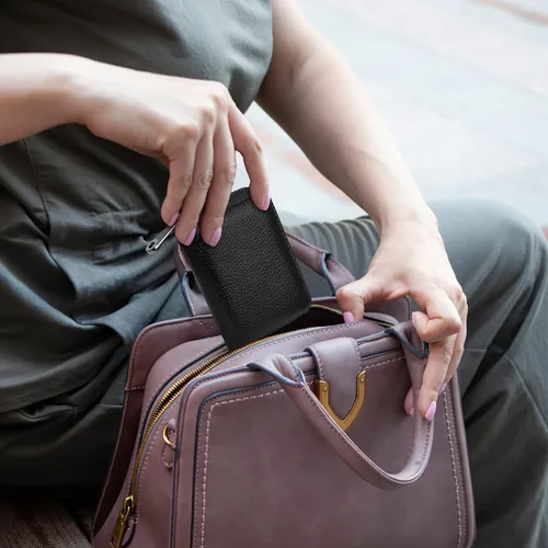 Vista 6 de Badiya Tarjetero de cuero genuino para mujer, con bloqueo RFID, acordeón, pequeña tarjetero