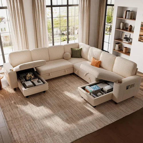 Vista 43 de LINSY HOME Sofá cama modular extraíble para sala de estar (beige, sofá cama 1) Sofá cama extraíble, almacenamiento, carga USB, portavasos, pana